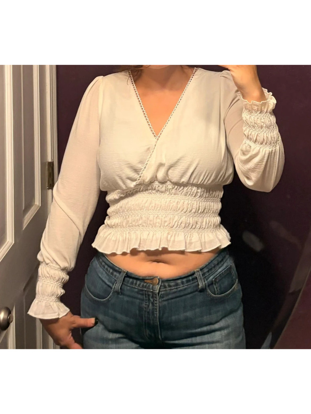 White Clean Girl Chic Cinched Waist V Neck Cross Over Blouse
